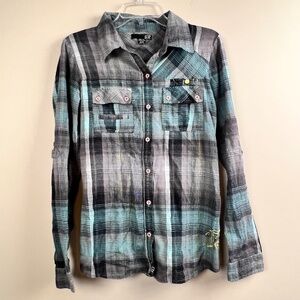 Fox Racing Women’s Plaid Blue Gray Black Colorway Button-Up Shirt Medium
